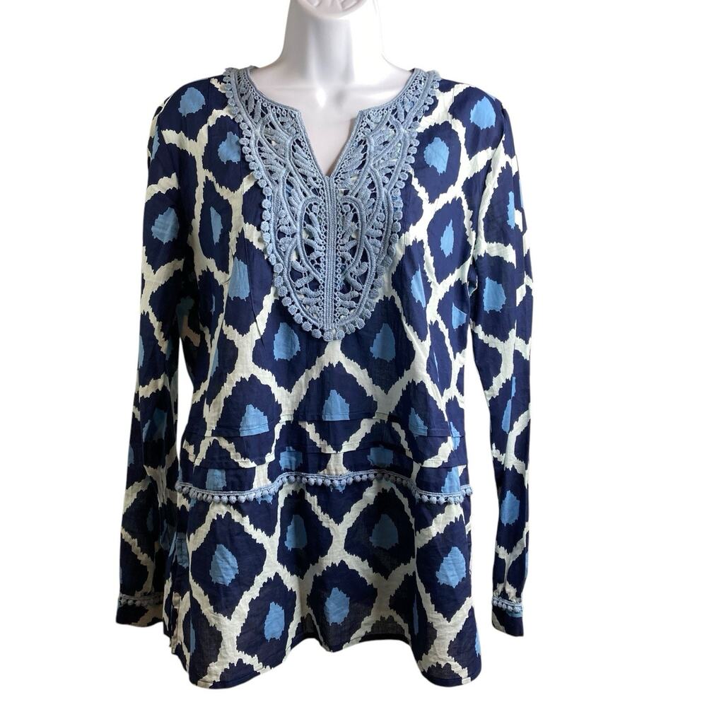 Boo Gemes Blue Ikat Embroidered Tunic Top Size M Boho Beach Cover Up Pool